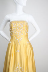"Embroidered Bells" Vintage 1950's Satin Embroidered Strapless Dress UK 6-8 US 2-4