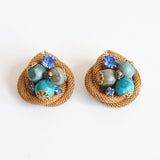"Gold Mesh & Rhinestones" Vintage 1950's Gold Mesh, Blue Bead & Rhinestone Earrings
