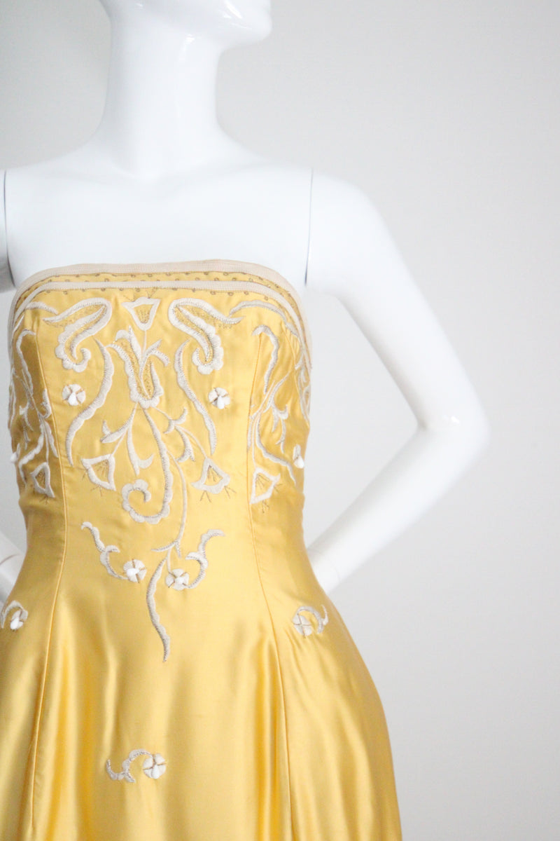 "Embroidered Bells" Vintage 1950's Satin Embroidered Strapless Dress UK 6-8 US 2-4