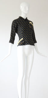 "Pleats & Buttons" Vintage Early 1950's Charcoal Grey Wool Blouse UK 8 US 10