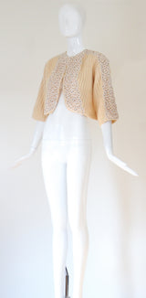 "Rhinestones & Lace" Vintage 1950's Lee Herman Buttercream Cardigan UK 12 US 8