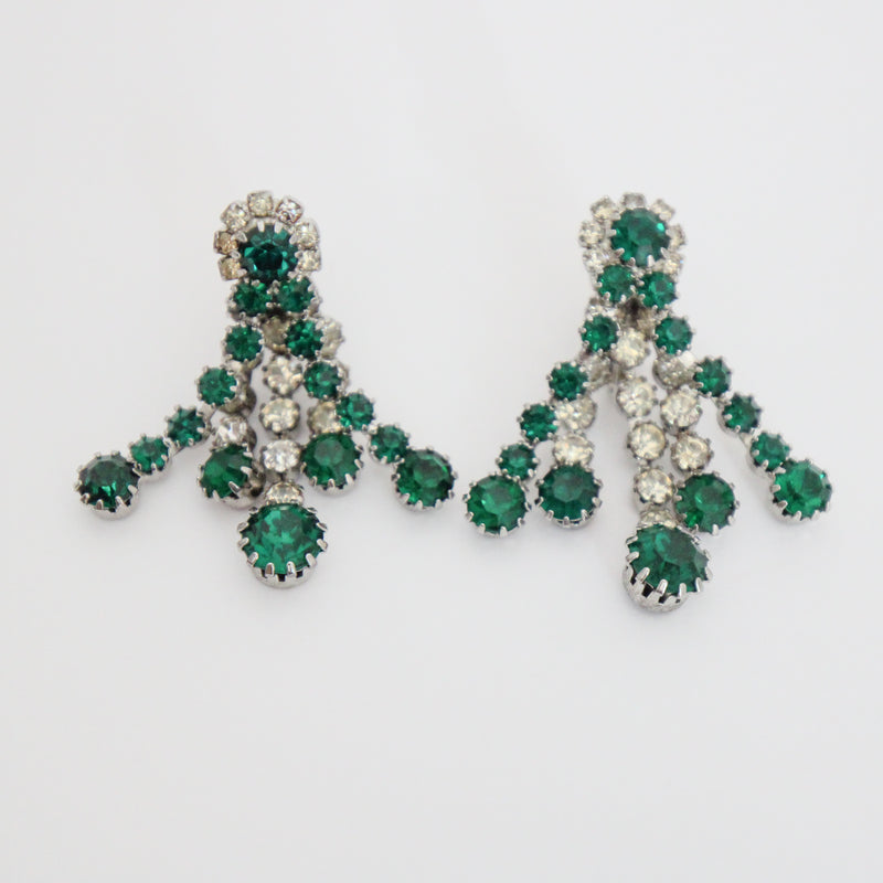 "Emerald & Silver" Vintage 1950's Kramer Rhinestone Clip on Earrings