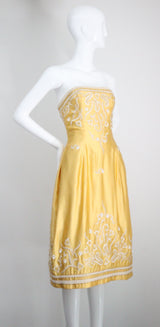 "Embroidered Bells" Vintage 1950's Satin Embroidered Strapless Dress UK 6-8 US 2-4