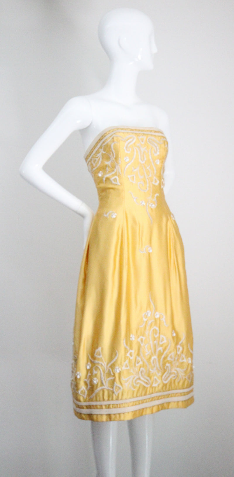 "Embroidered Bells" Vintage 1950's Satin Embroidered Strapless Dress UK 6-8 US 2-4