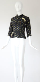 "Pleats & Buttons" Vintage Early 1950's Charcoal Grey Wool Blouse UK 8 US 10