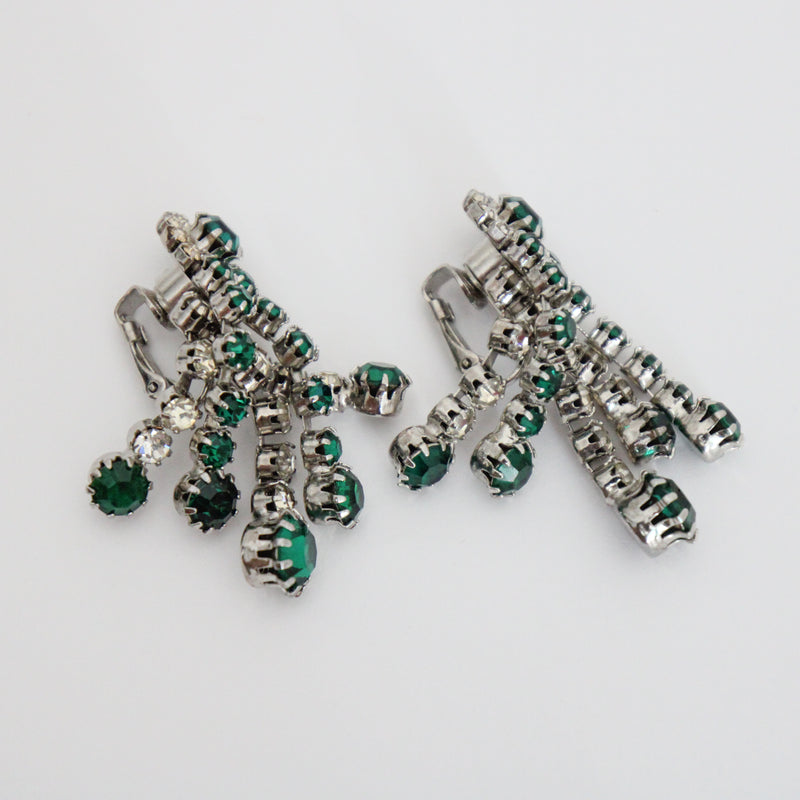 "Emerald & Silver" Vintage 1950's Kramer Rhinestone Clip on Earrings