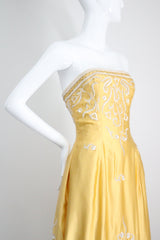 "Embroidered Bells" Vintage 1950's Satin Embroidered Strapless Dress UK 6-8 US 2-4
