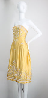 "Embroidered Bells" Vintage 1950's Satin Embroidered Strapless Dress UK 6-8 US 2-4