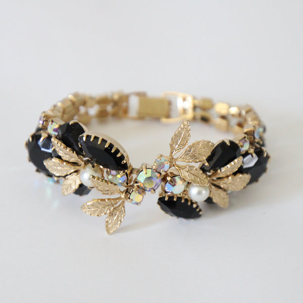 "Pearls & Midnight Rhinestones" Vintage 1950's Pearl & Rhinestone Bracelet