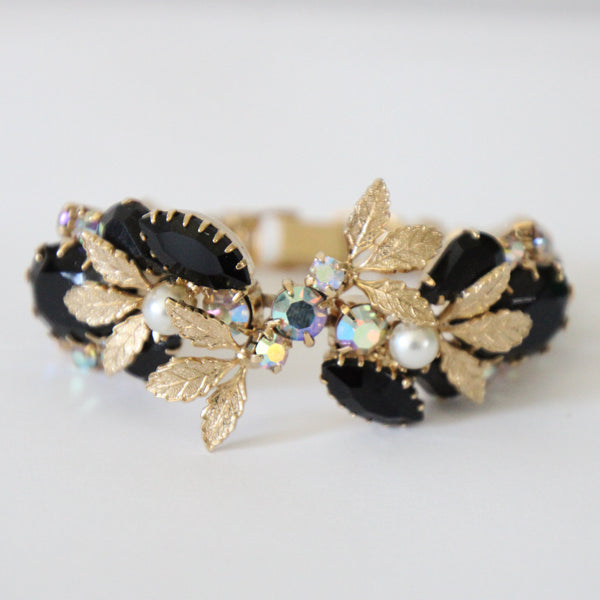 "Pearls & Midnight Rhinestones" Vintage 1950's Pearl & Rhinestone Bracelet