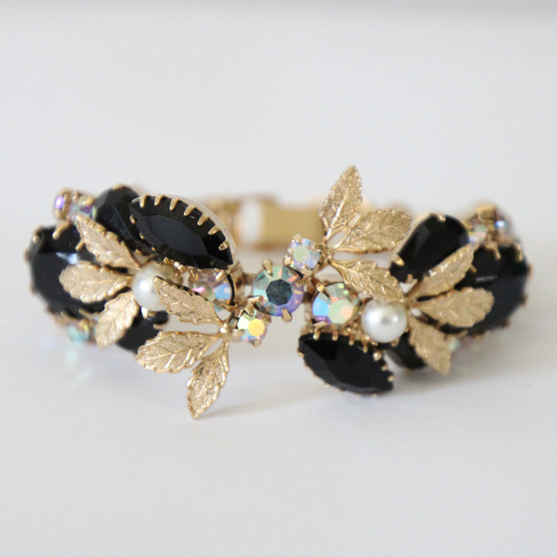 "Pearls & Midnight Rhinestones" Vintage 1950's Pearl & Rhinestone Bracelet