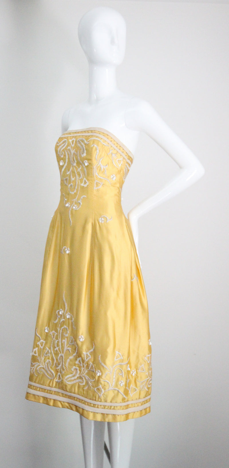 "Embroidered Bells" Vintage 1950's Satin Embroidered Strapless Dress UK 6-8 US 2-4