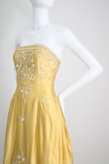 "Embroidered Bells" Vintage 1950's Satin Embroidered Strapless Dress UK 6-8 US 2-4