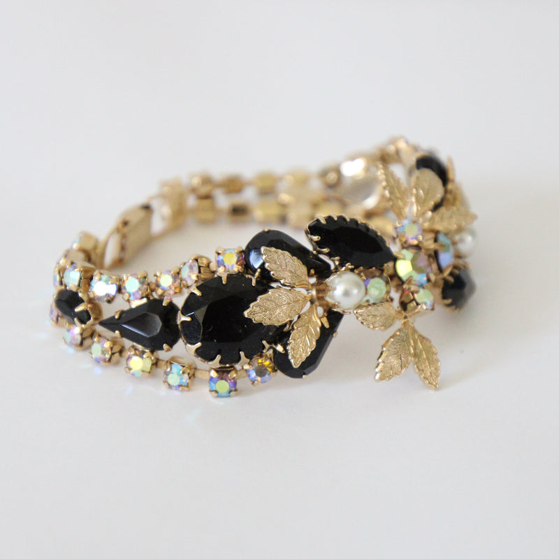 "Pearls & Midnight Rhinestones" Vintage 1950's Pearl & Rhinestone Bracelet