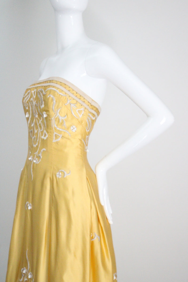 "Embroidered Bells" Vintage 1950's Satin Embroidered Strapless Dress UK 6-8 US 2-4
