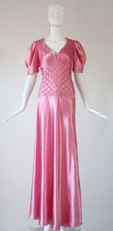 "Sugar Pink Pleats" Vintage 1930's Pink Rayon Satin Evening Gown UK 10 US 6