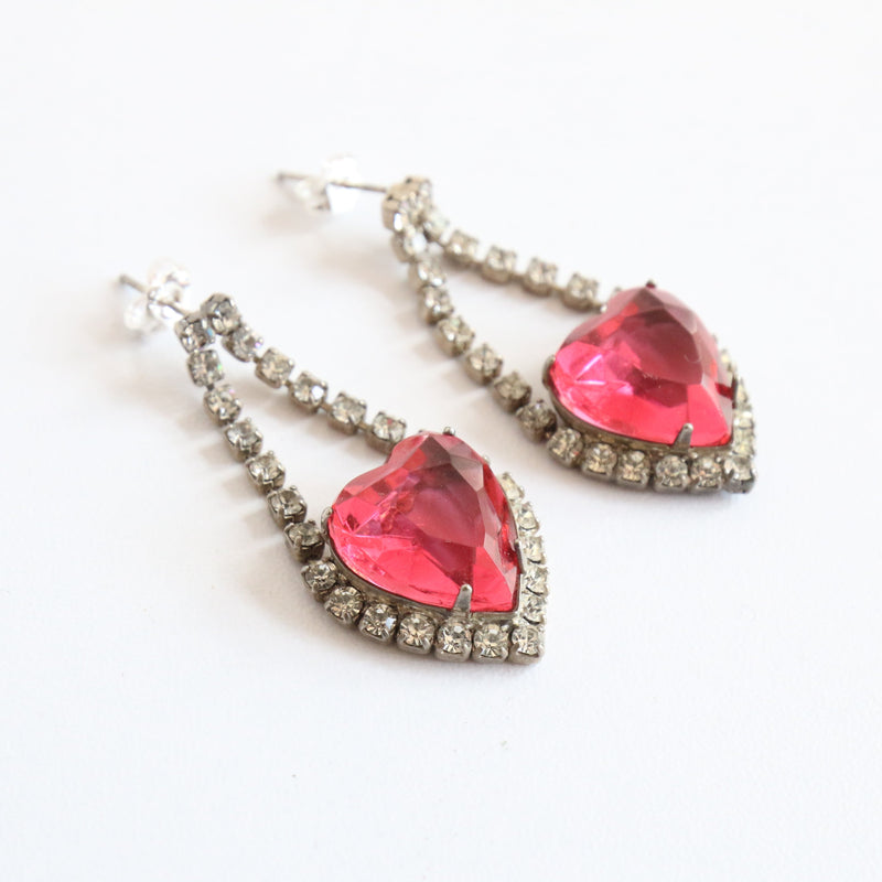 "Sweetheart Rhinestones" Vintage 1950's Rhinestone Heart Droplet Earrings