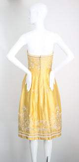 "Embroidered Bells" Vintage 1950's Satin Embroidered Strapless Dress UK 6-8 US 2-4