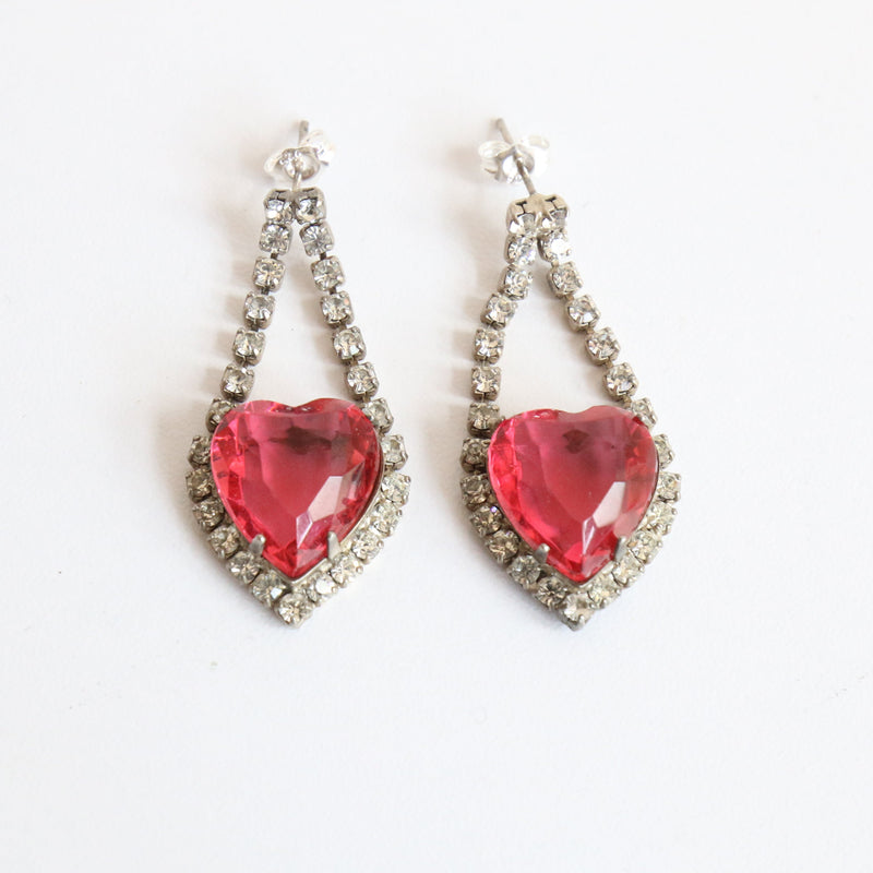 "Sweetheart Rhinestones" Vintage 1950's Rhinestone Heart Droplet Earrings