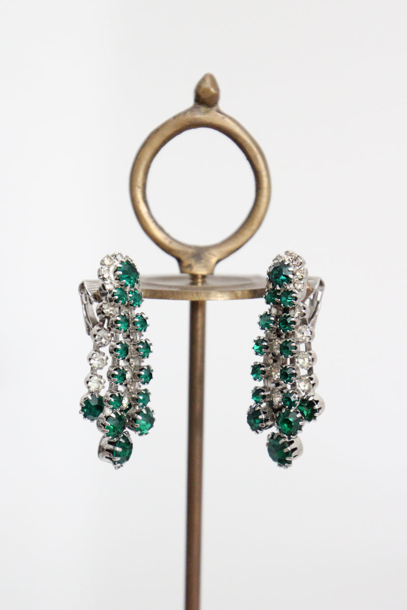 "Emerald & Silver" Vintage 1950's Kramer Rhinestone Clip on Earrings
