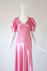 "Sugar Pink Pleats" Vintage 1930's Pink Rayon Satin Evening Gown UK 10 US 6