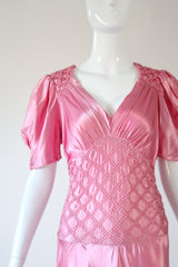 "Sugar Pink Pleats" Vintage 1930's Pink Rayon Satin Evening Gown UK 10 US 6
