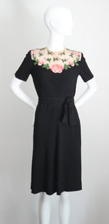 "Illusion Roses" Vintage 1940's Rose Embellished Black Crepe Silk Dress UK 8-10 US 4-6