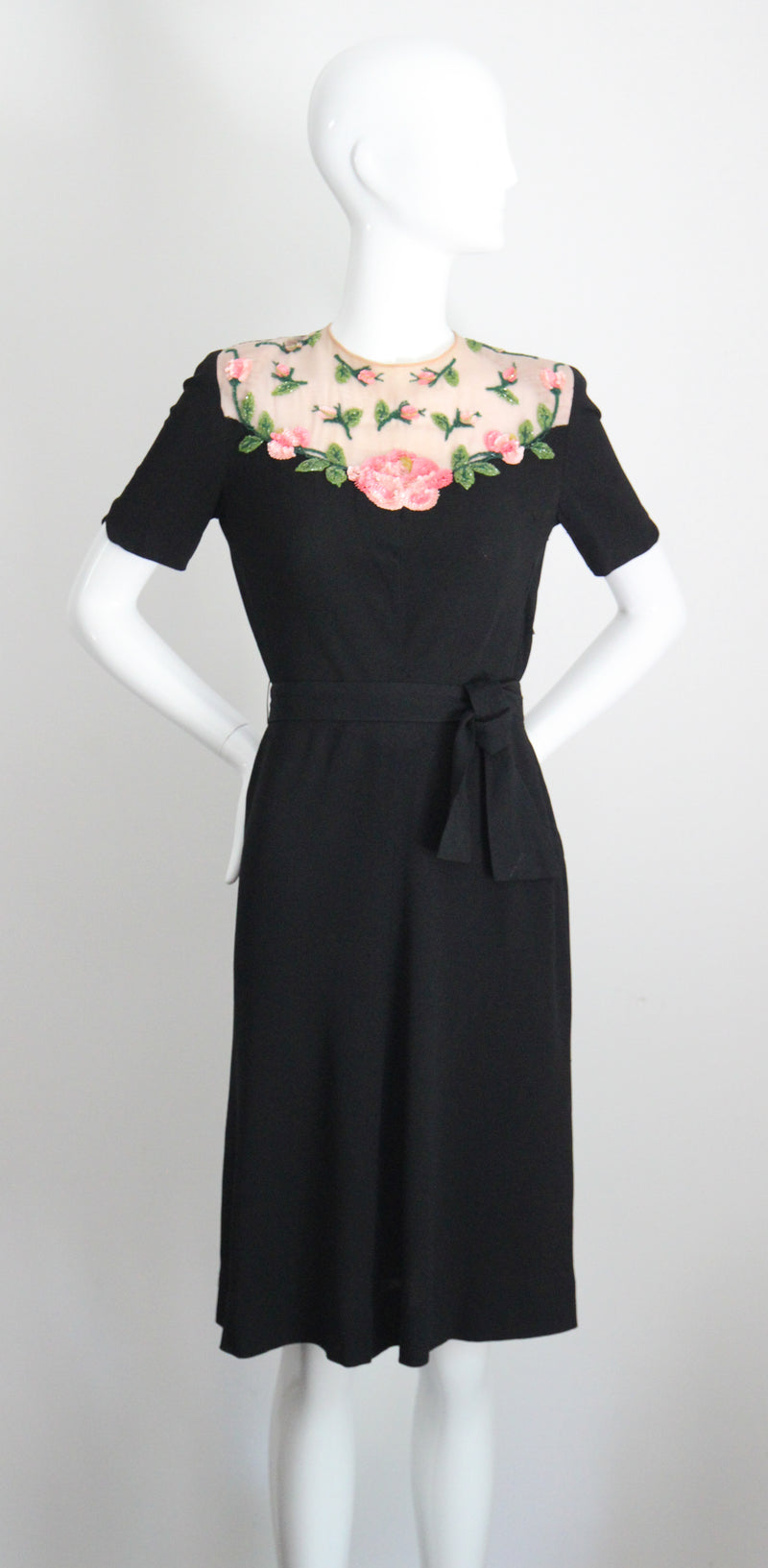"Illusion Roses" Vintage 1940's Rose Embellished Black Crepe Silk Dress UK 8-10 US 4-6