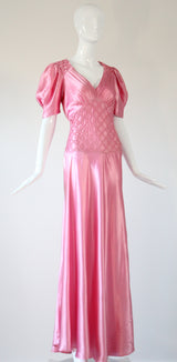 "Sugar Pink Pleats" Vintage 1930's Pink Rayon Satin Evening Gown UK 10 US 6