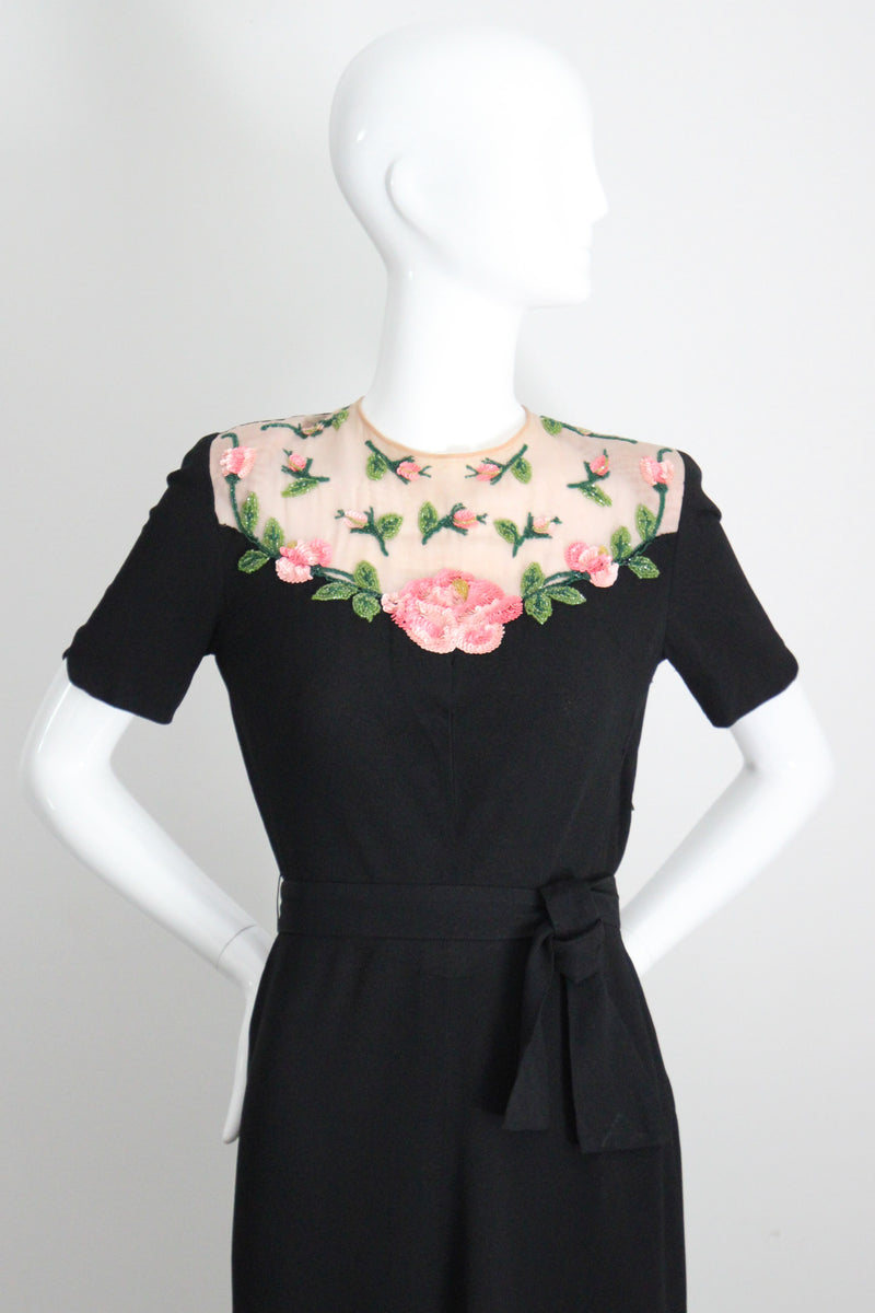 "Illusion Roses" Vintage 1940's Rose Embellished Black Crepe Silk Dress UK 8-10 US 4-6
