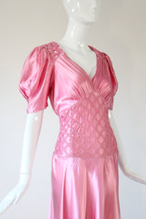 "Sugar Pink Pleats" Vintage 1930's Pink Rayon Satin Evening Gown UK 10 US 6