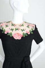 "Illusion Roses" Vintage 1940's Rose Embellished Black Crepe Silk Dress UK 8-10 US 4-6