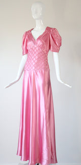 "Sugar Pink Pleats" Vintage 1930's Pink Rayon Satin Evening Gown UK 10 US 6