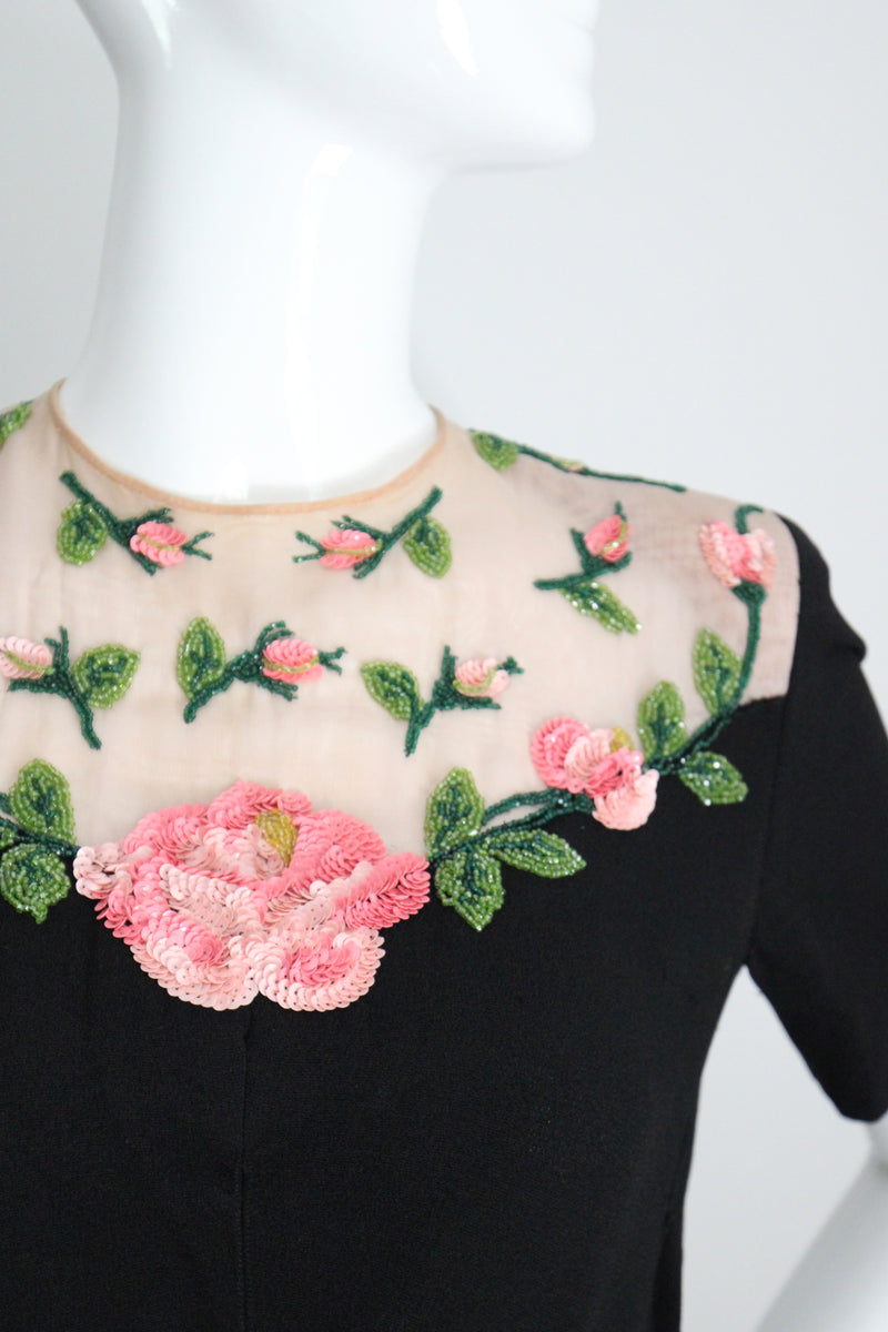 "Illusion Roses" Vintage 1940's Rose Embellished Black Crepe Silk Dress UK 8-10 US 4-6