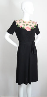 "Illusion Roses" Vintage 1940's Rose Embellished Black Crepe Silk Dress UK 8-10 US 4-6