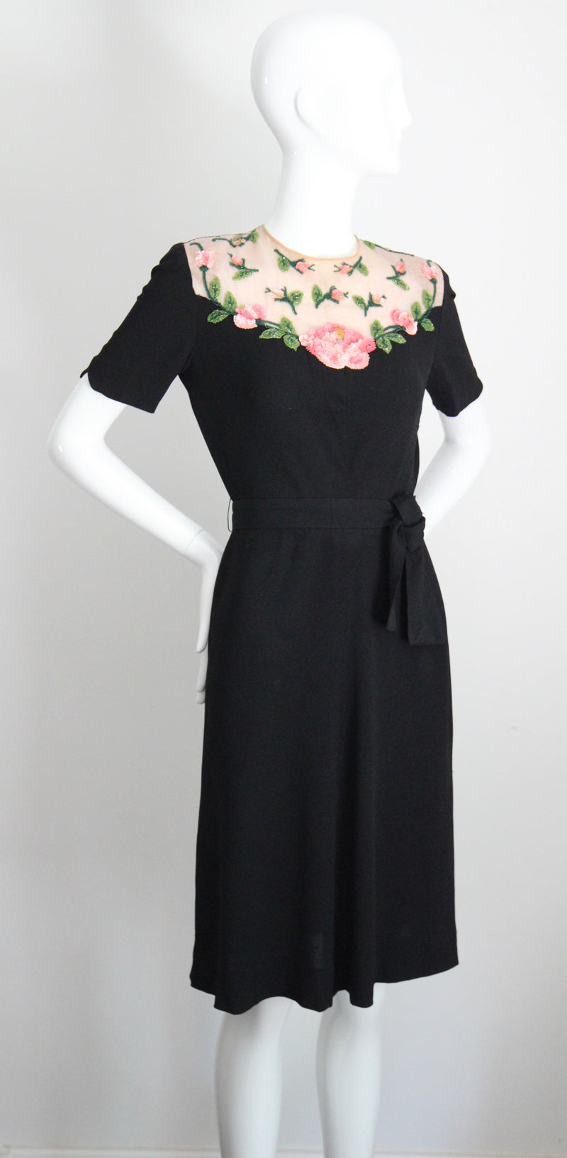 "Illusion Roses" Vintage 1940's Rose Embellished Black Crepe Silk Dress UK 8-10 US 4-6