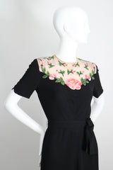 "Illusion Roses" Vintage 1940's Rose Embellished Black Crepe Silk Dress UK 8-10 US 4-6