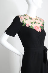 "Illusion Roses" Vintage 1940's Rose Embellished Black Crepe Silk Dress UK 8-10 US 4-6