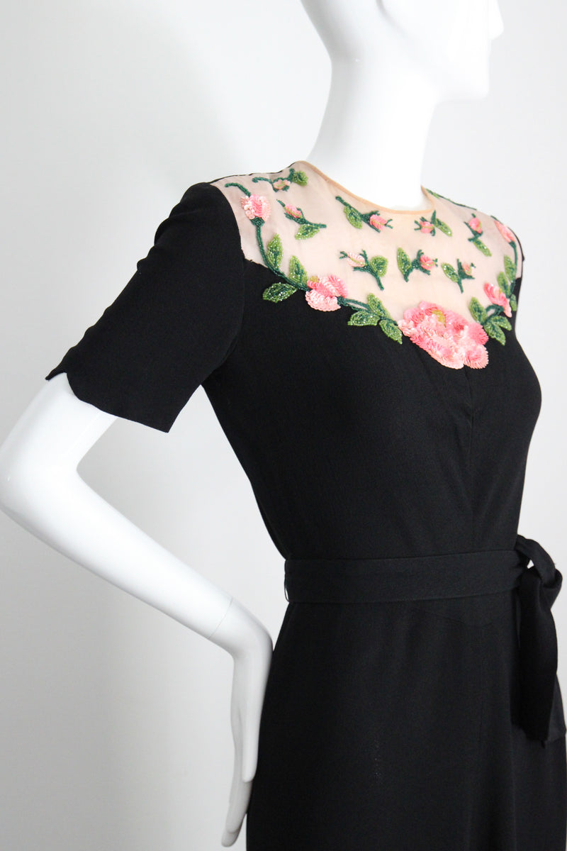 "Illusion Roses" Vintage 1940's Rose Embellished Black Crepe Silk Dress UK 8-10 US 4-6