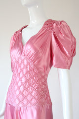 "Sugar Pink Pleats" Vintage 1930's Pink Rayon Satin Evening Gown UK 10 US 6