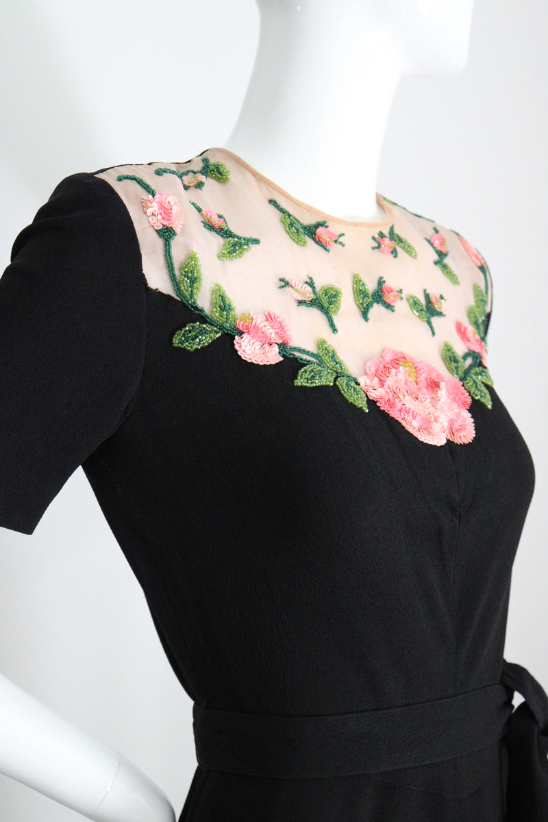"Illusion Roses" Vintage 1940's Rose Embellished Black Crepe Silk Dress UK 8-10 US 4-6