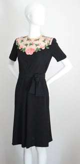 "Illusion Roses" Vintage 1940's Rose Embellished Black Crepe Silk Dress UK 8-10 US 4-6