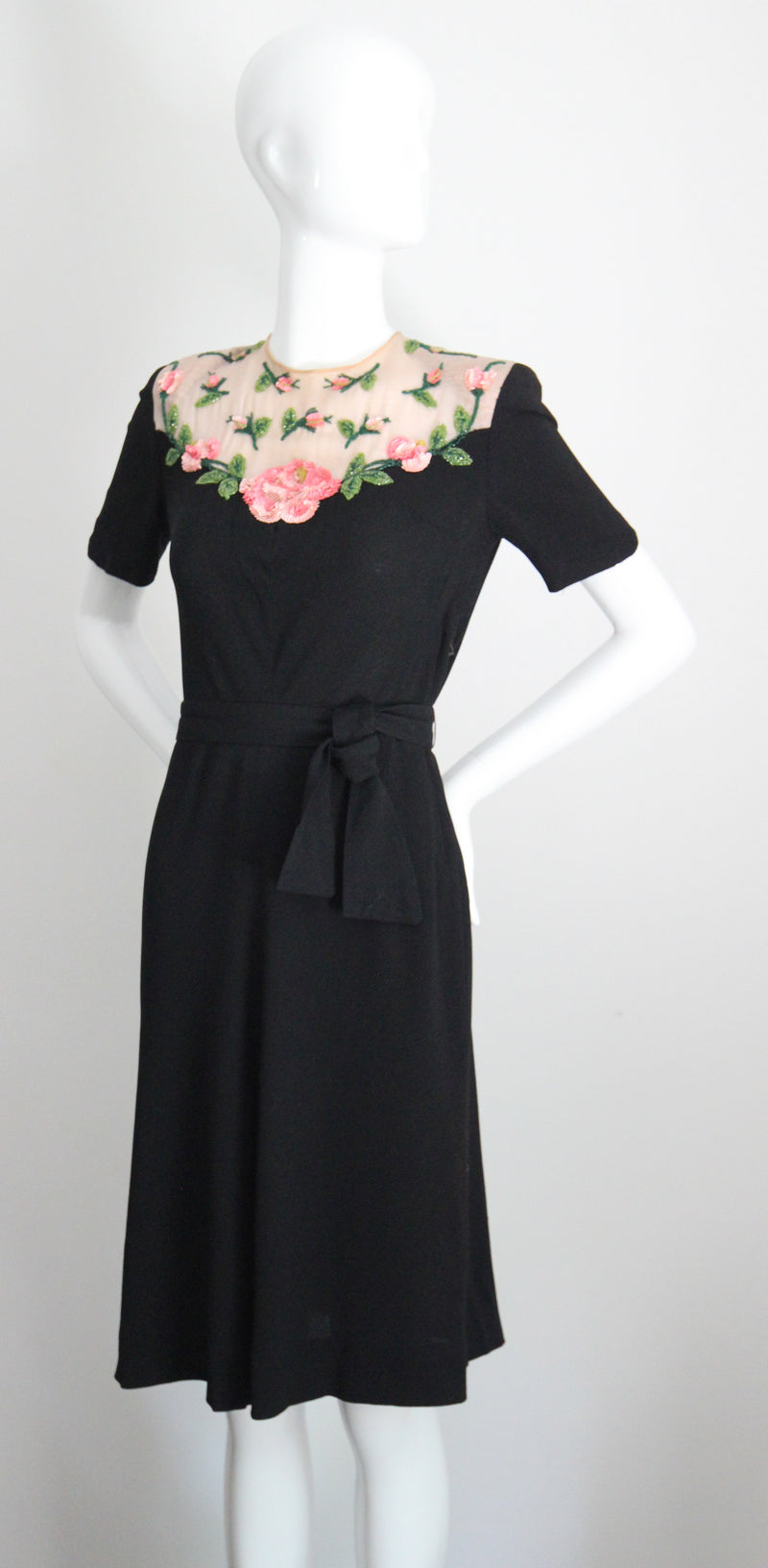 "Illusion Roses" Vintage 1940's Rose Embellished Black Crepe Silk Dress UK 8-10 US 4-6