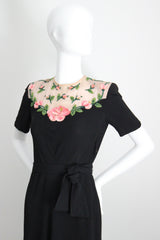 "Illusion Roses" Vintage 1940's Rose Embellished Black Crepe Silk Dress UK 8-10 US 4-6