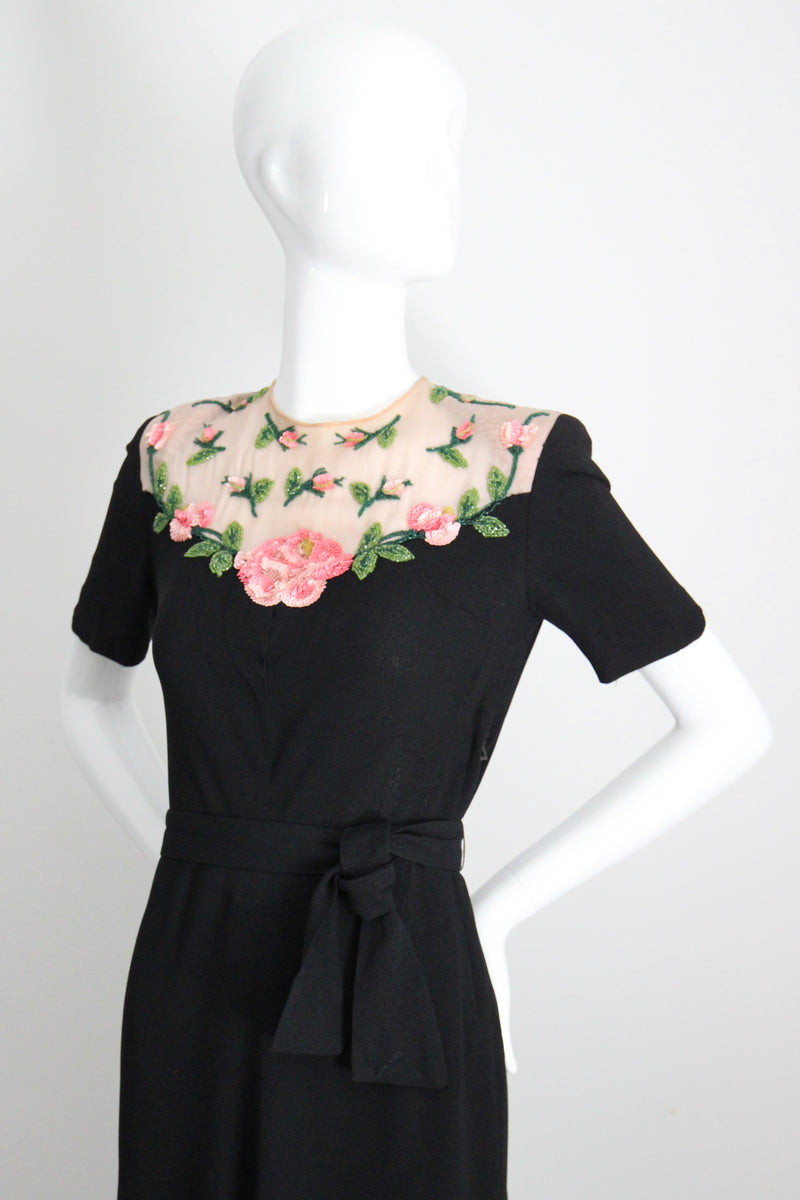 "Illusion Roses" Vintage 1940's Rose Embellished Black Crepe Silk Dress UK 8-10 US 4-6
