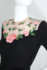 "Illusion Roses" Vintage 1940's Rose Embellished Black Crepe Silk Dress UK 8-10 US 4-6