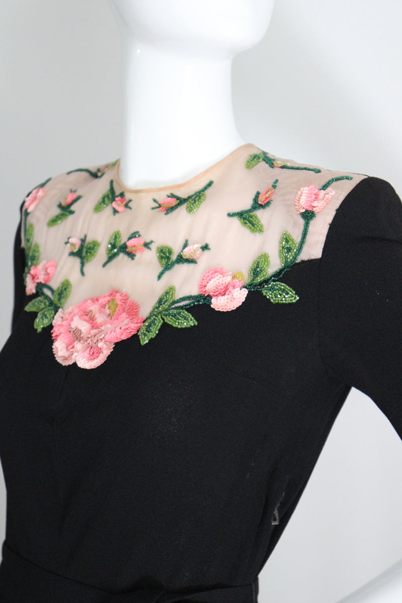 "Illusion Roses" Vintage 1940's Rose Embellished Black Crepe Silk Dress UK 8-10 US 4-6