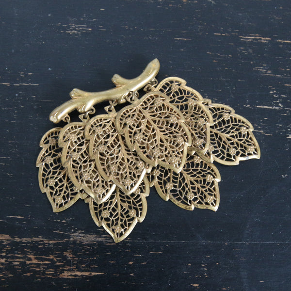 "Falling Leaves" Vintage 1930's Brass Leaf Pendant Brooch