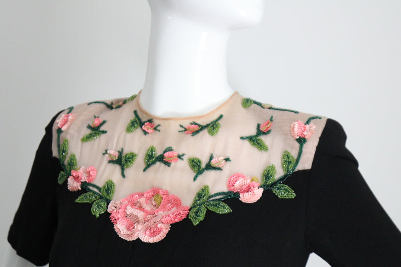 "Illusion Roses" Vintage 1940's Rose Embellished Black Crepe Silk Dress UK 8-10 US 4-6