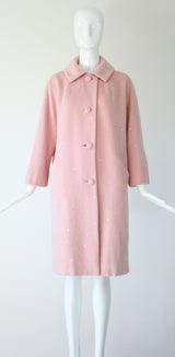 "Sugar Rhinestones" Vintage Late 1950's Pink Wool Rhinestone Embellished Coat UK 12 US 8